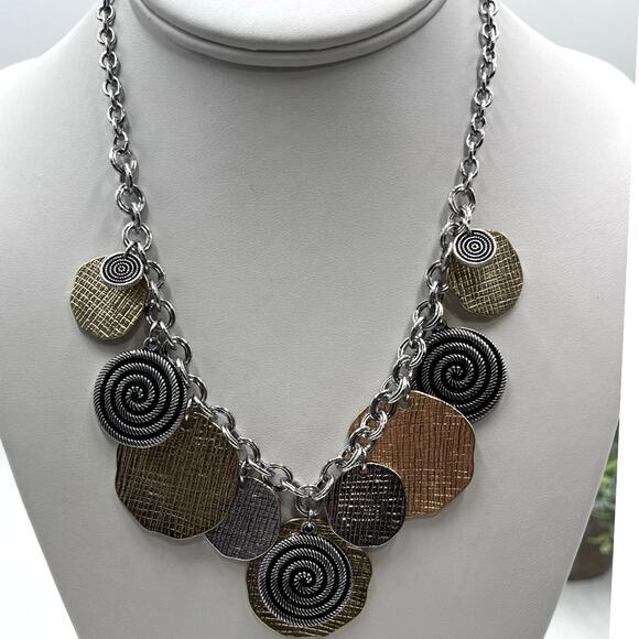 Chicos Mixed Metal Spiral Textured Coin Disc Dangle Necklace - Picture 1 of 8